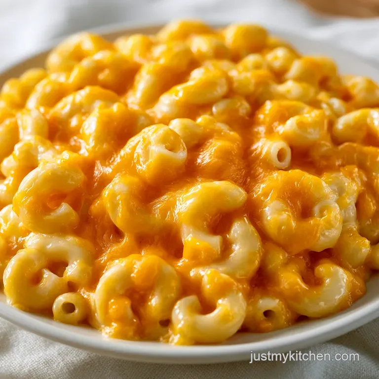 Golden macaroni pasta coated in a thick cheese sauce, served in a white bowl with a silver fork on a marble surface.
