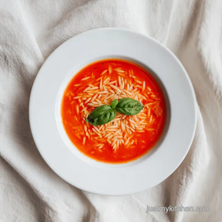 A steaming bowl of creamy tomato orzo soup, elegantly plated with a garnish of bright green herbs and a drizzle of white c...