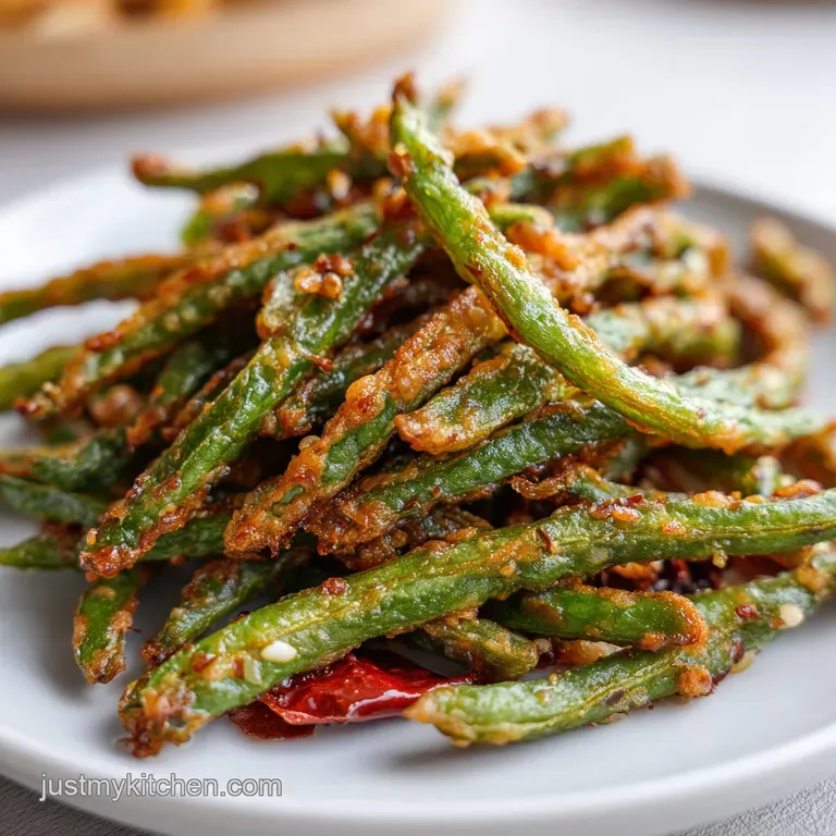 Bright green, perfectly fried green beans artfully arranged on a white plate with a side of dipping sauce.