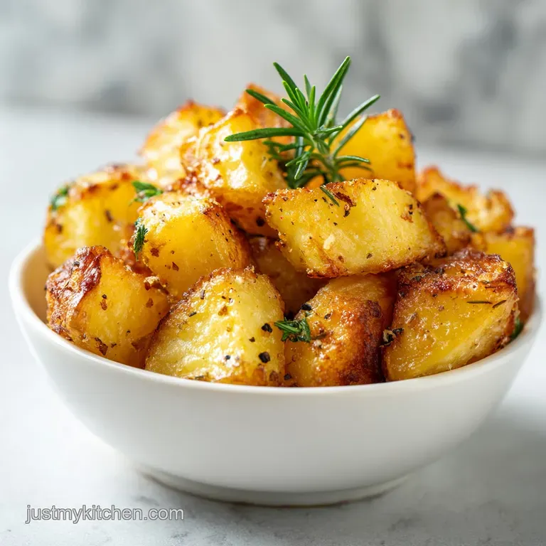A heap of amber-colored potato cubes topped with flaky sea salt and fresh parsley on a minimalist white plate.