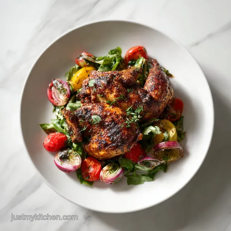 Perfectly plated Cornish hen with crisp skin, bright green asparagus, and golden roasted potatoes creating an inviting meal.