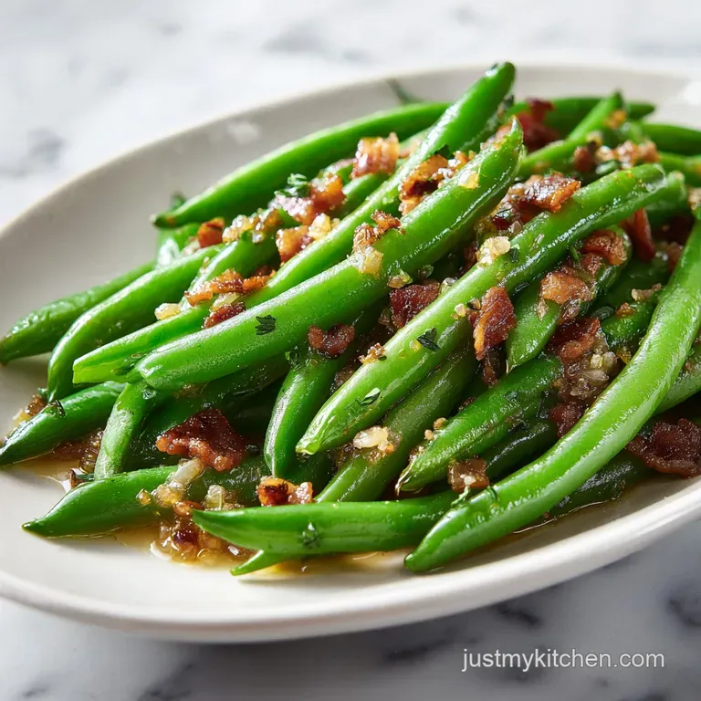 Vibrant green beans topped with crispy brown bacon bits served in a white porcelain bowl with a side of crusty bread.