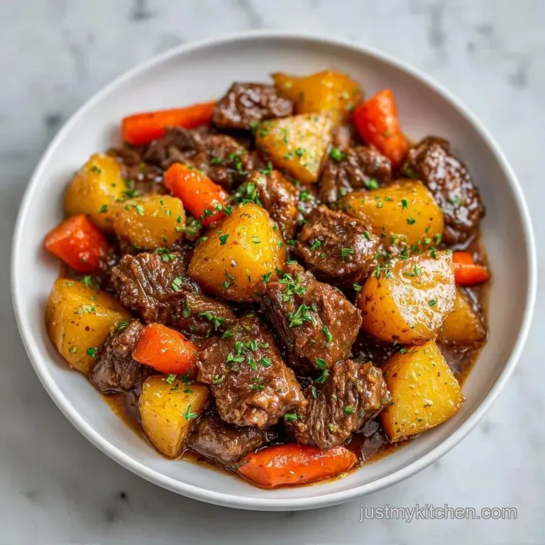 A shallow white bowl filled with rich beef stew, topped with fresh parsley and served with crusty toasted bread
