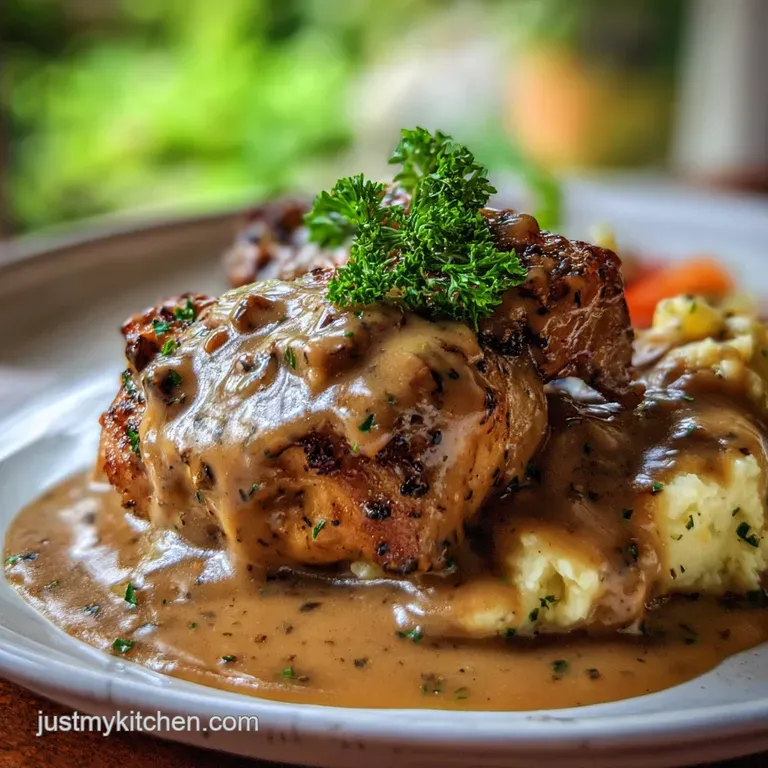 Shredded chicken and gravy served over fluffy mashed potatoes, garnished with parsley. Steaming and savory, comfort food e...