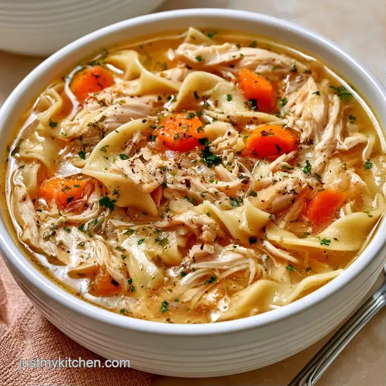 A white ceramic bowl filled with golden broth, thick noodles, and bright carrots topped with fresh parsley.