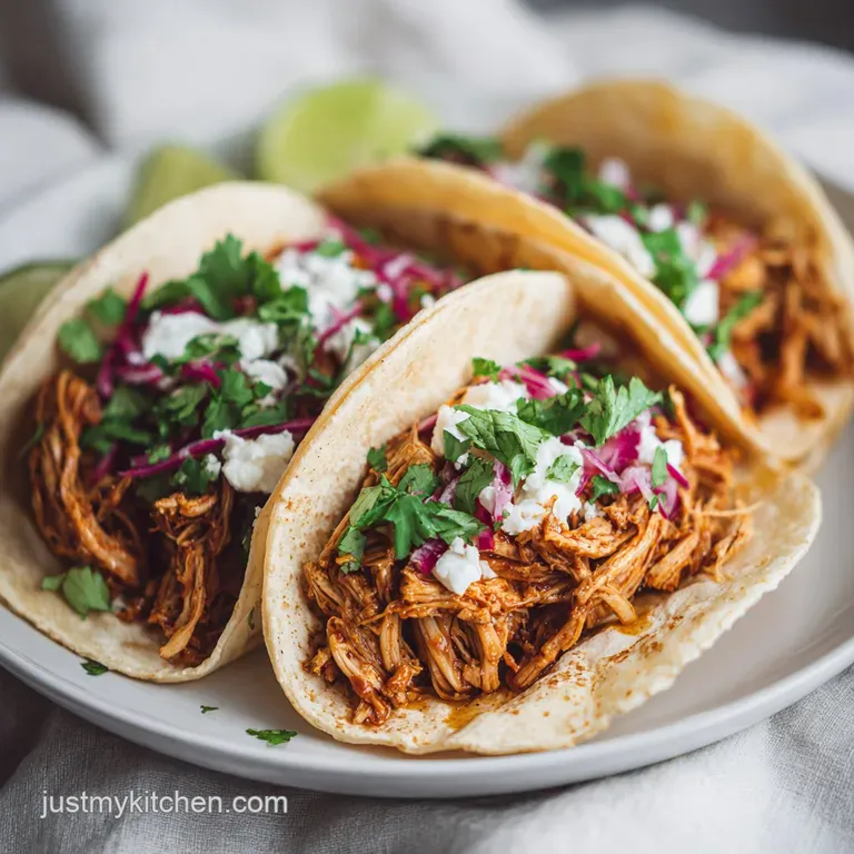 A colorful taco spread featuring plump corn tortillas, shredded chicken, fresh garnishes, and a lime wedge.