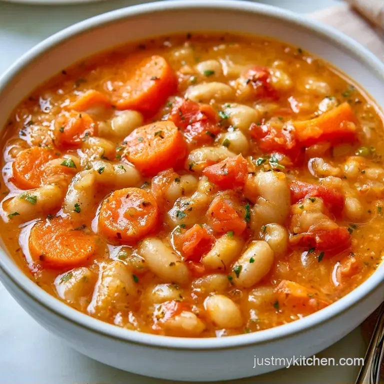 Thick vegetable and bean stew in a rustic ceramic bowl, garnished with bright parsley and a drizzle of olive oil.