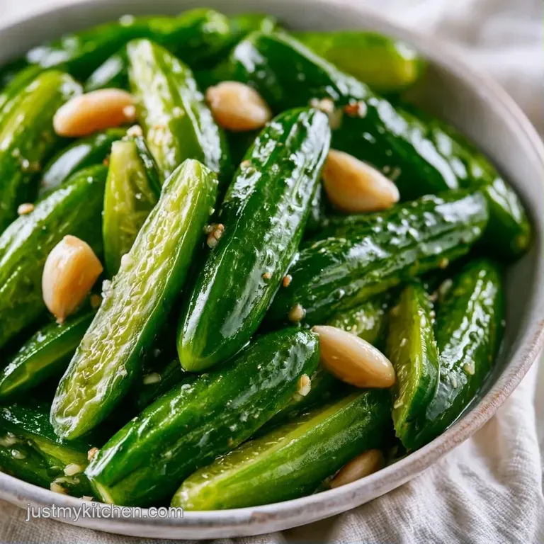 Slices of bright green pickled cucumbers on a white ceramic plate garnished with fresh herbs and peppercorns.