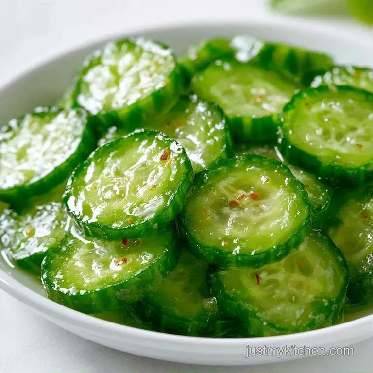 Slices of bright green pickled cucumbers arranged on a white platter with fresh dill sprigs and peppercorns.