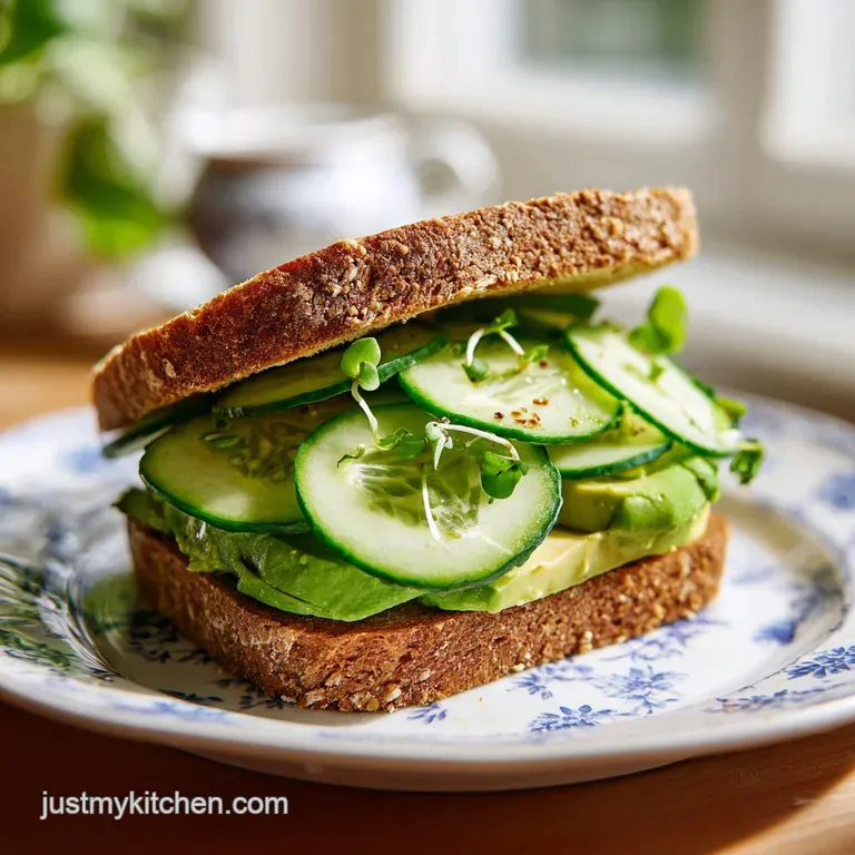A neat cross-section of a cucumber and avocado sandwich, showcasing vibrant green layers on a white plate.