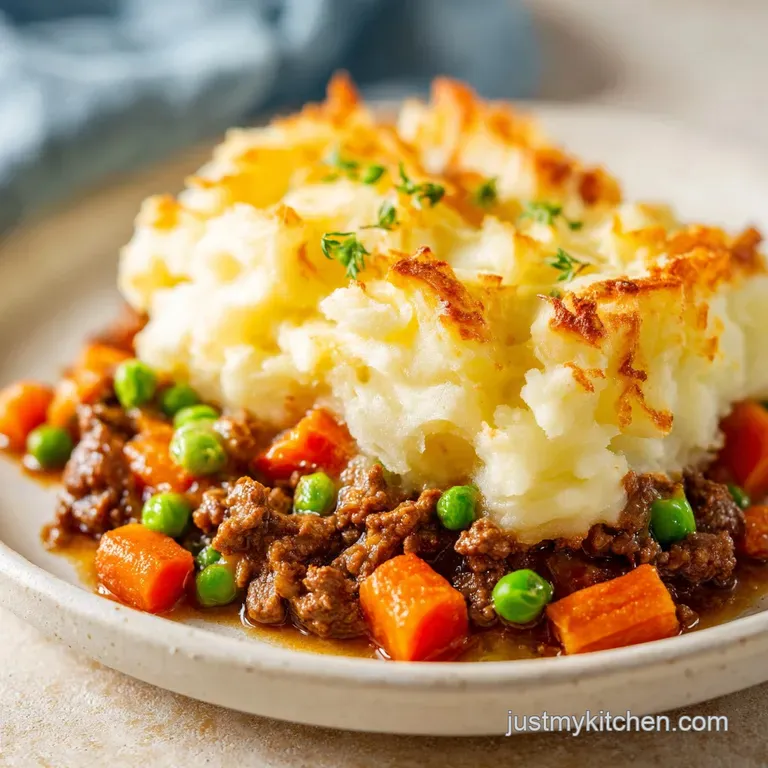 A thick slice of creamy mashed potato casserole with a toasted top, served on a white plate with fresh green peas.