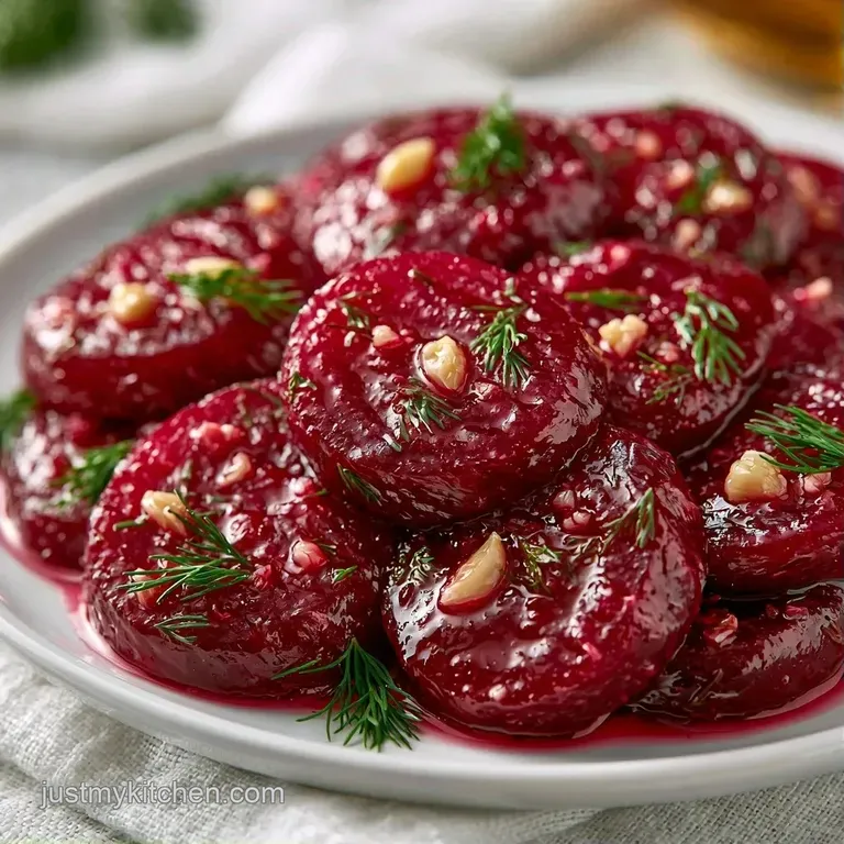 Glossy, deep purple root vegetable slices arranged on a white platter, garnished with bright green dill fronds.
