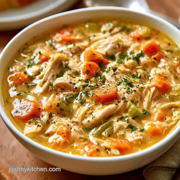 A white ceramic bowl filled with steaming chicken soup, garnished with fresh chopped parsley and a side of crusty bread.