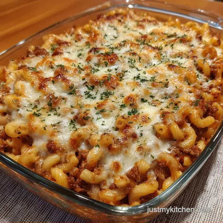 A generous serving of cheesy pasta and savory ground beef on a white plate, garnished with fresh basil leaves.