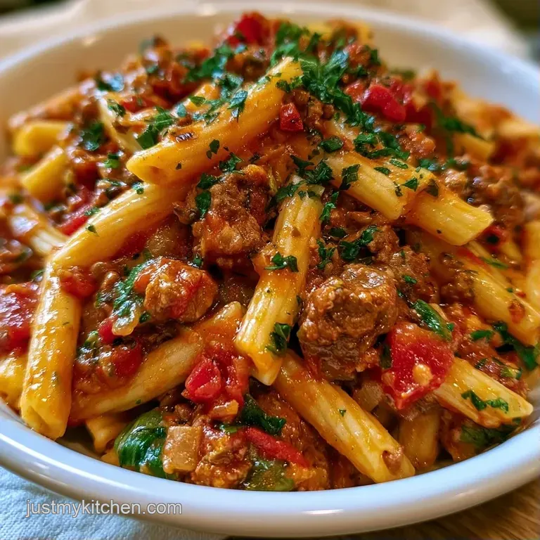 A portion of hearty pasta with browned beef and rich red sauce topped with fresh parsley on a white plate