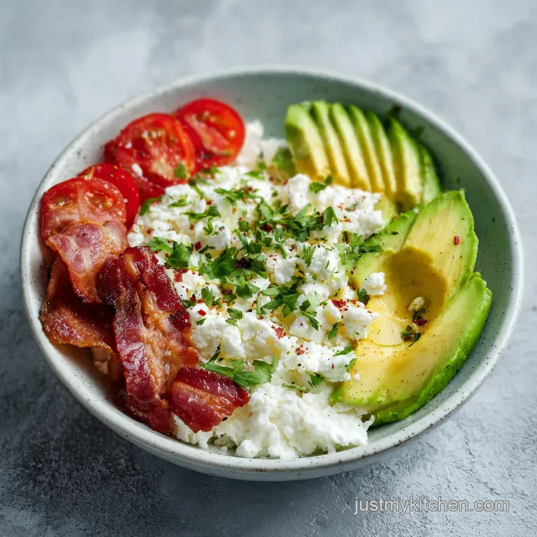 A BLT bowl beautifully arranged with layers of vibrant greens, juicy tomatoes, crispy bacon and a drizzle of creamy dressing.