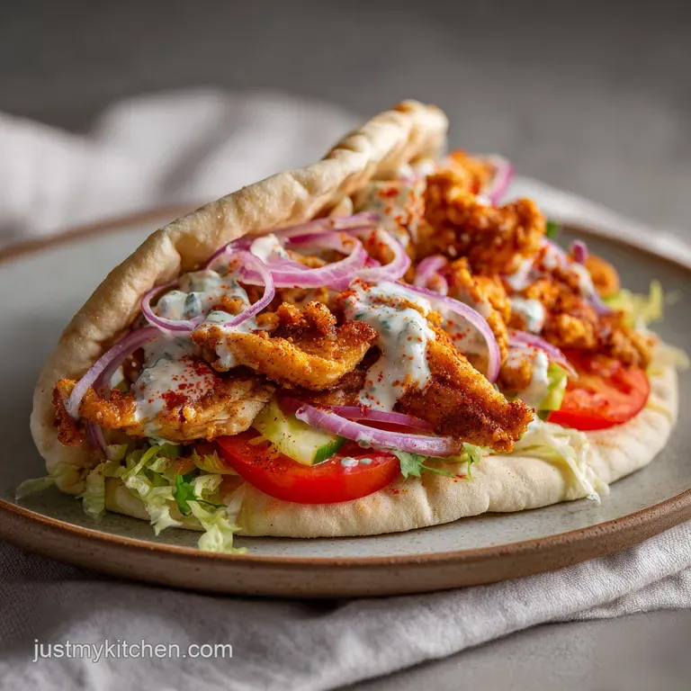 A gyro sandwich is beautifully plated, showing off the toasted pita, juicy chicken, and cool, creamy tzatziki sauce.