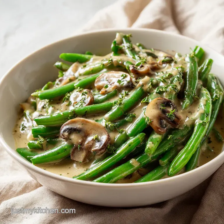 Elegant scoop of creamy green beans topped with crunchy golden onions in a white bowl on a linen napkin.