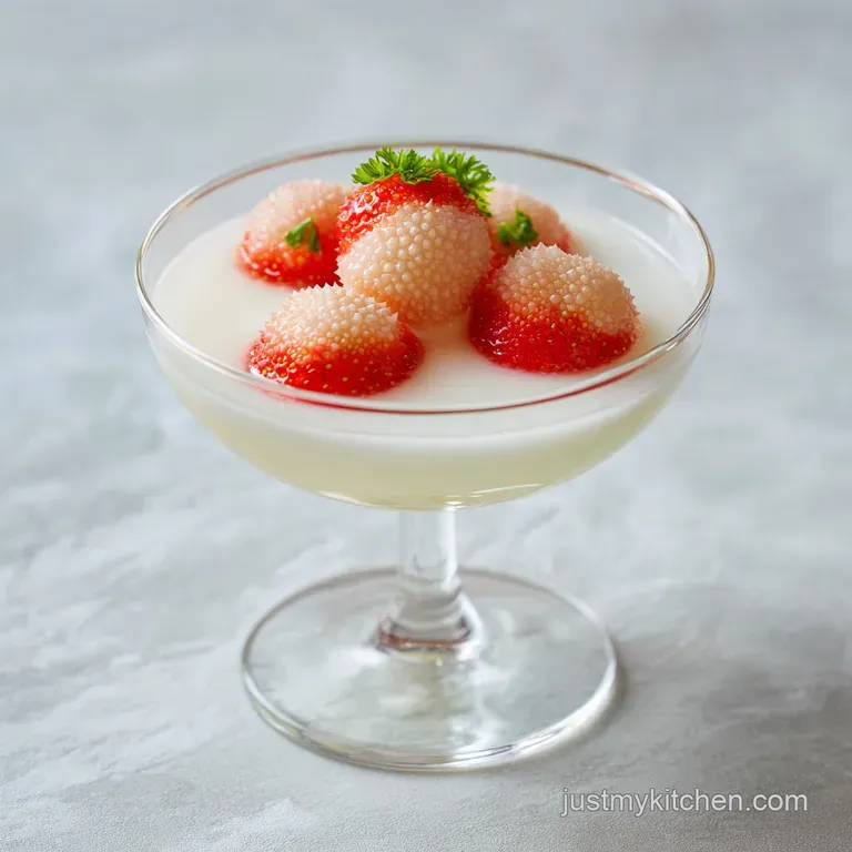 Elegant martini glass with pale pink, frosty liquid and a floating lychee, artfully presented.