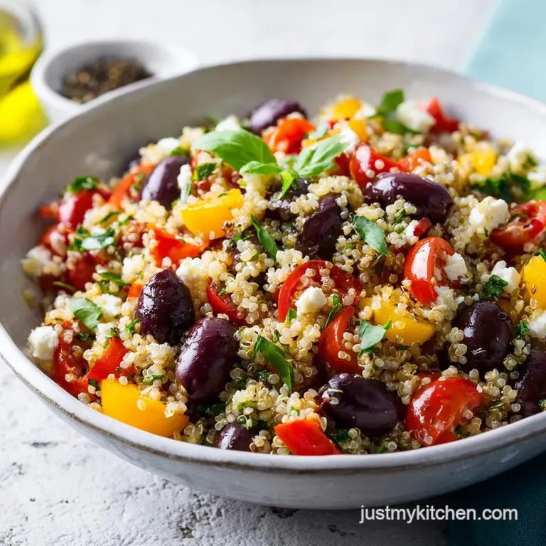 A beautifully arranged bowl of colorful quinoa salad, showcasing textures of feta, chickpeas, and fresh herbs.