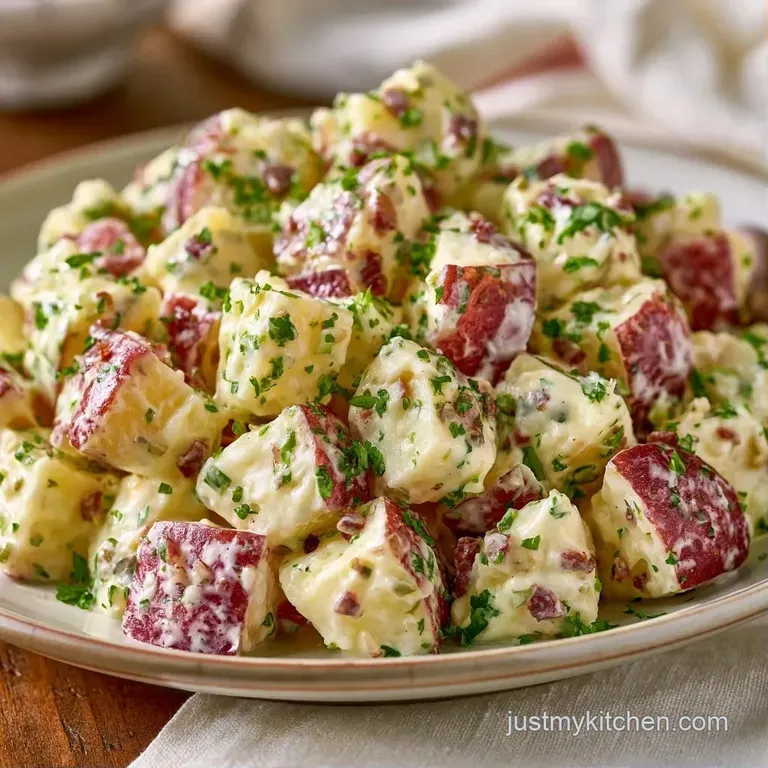 A neat scoop of red-skinned potato salad on a blue plate, topped with smoked paprika and fresh microgreens.