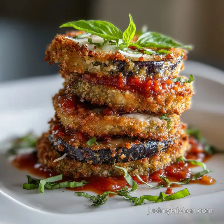 Single serving of eggplant parmesan showing layers of tender eggplant, rich tomato sauce, and melted cheese. Sprinkled wit...