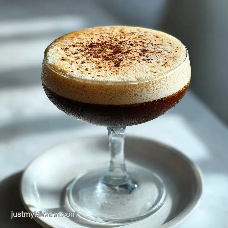 Elegant espresso martini: glistening glass, delicate foam, cocoa art. Dark liquid reflects light, inviting sip. Sophistica...