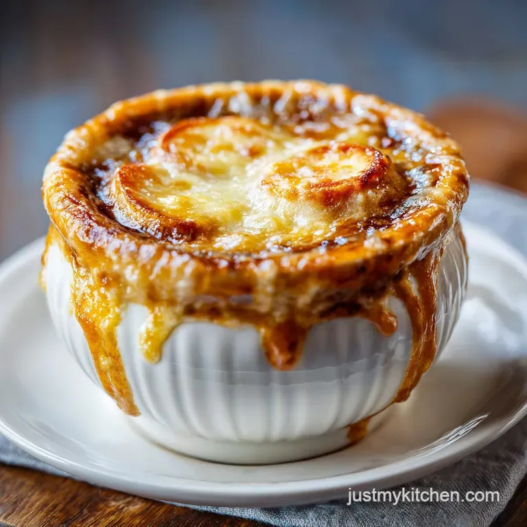 Elegant bowl of French Onion Soup. Toasted bread slice peeks from melted Gruyere, with steam rising and herbs sprinkled.