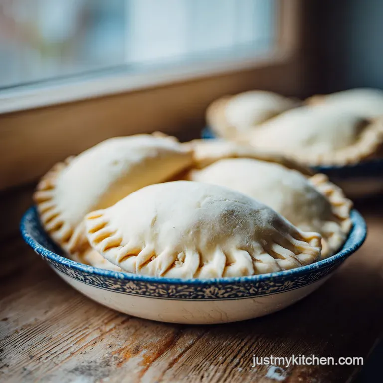 Crispy, golden empanadas arranged artfully on a rustic wooden board with a scattering of herbs.