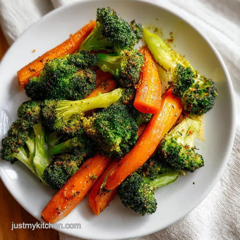 Steaming roasted carrots and broccoli served in a white bowl, garnished with herbs; a simple, vibrant & delicious side dis...