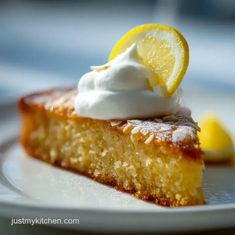 Elegant slice of golden cake on a white porcelain plate, garnished with candied lemon peel and a dusting of sugar.
