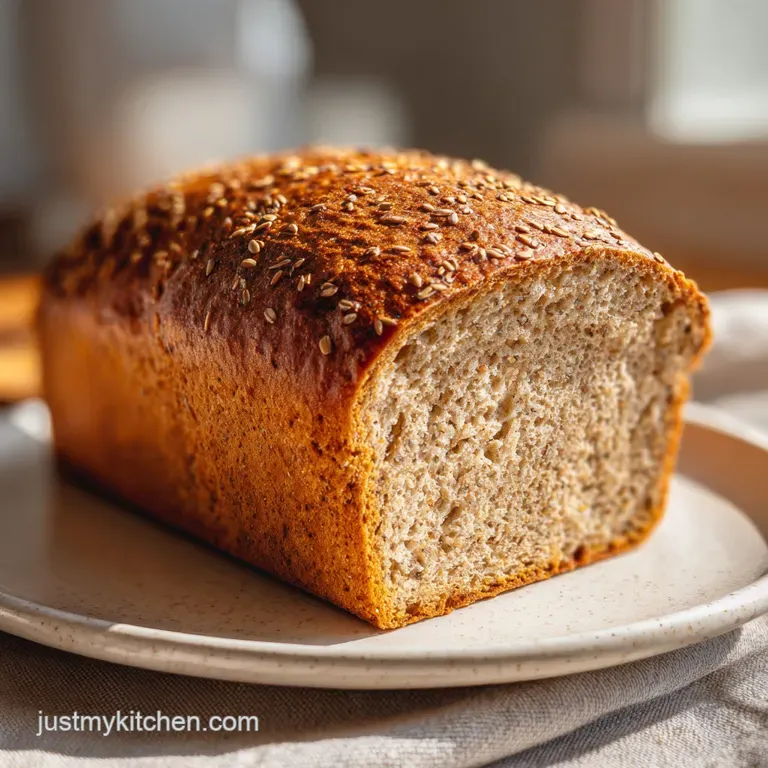Slices of hearty oat bread on a wooden board, crumbly texture visible, paired with a pat of melting butter and a honey dri...