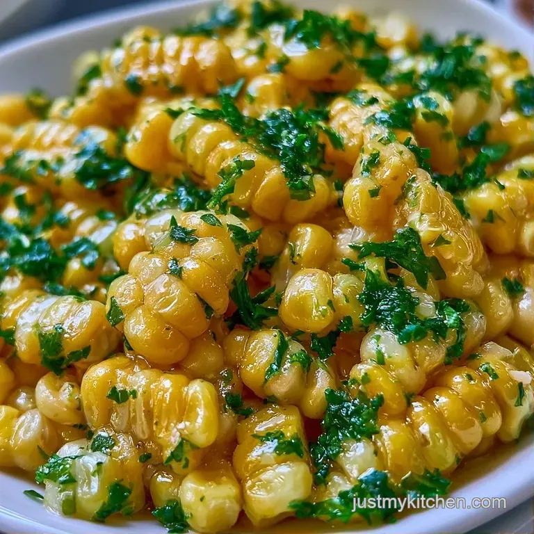 A small white ceramic bowl of glistening golden corn kernels topped with a sprig of parsley on a marble surface.