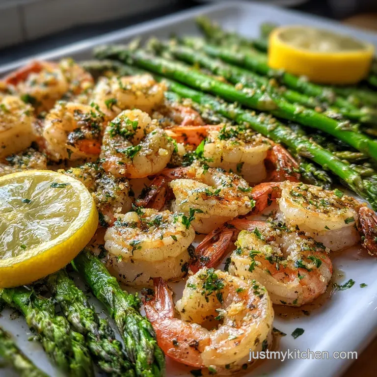 Perfectly arranged shrimp with herbs and sliced lemon. Sizzling butter pools around a single, plump shrimp.