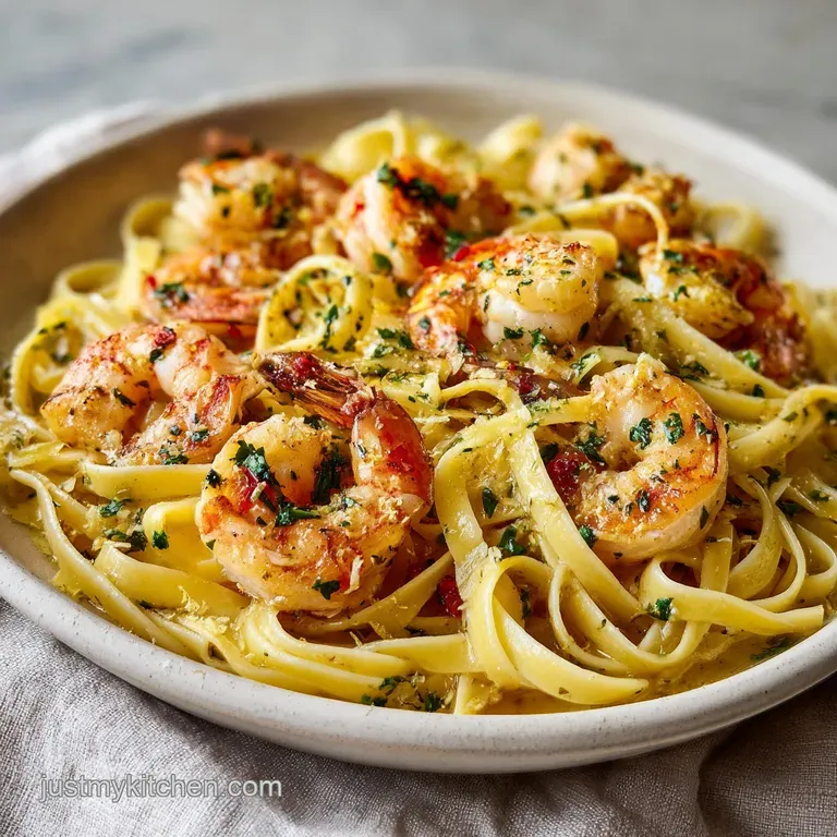 Perfectly twirled pasta piled high, plump shrimp nestled amongst, drizzled with golden garlic butter and vibrant green herbs.