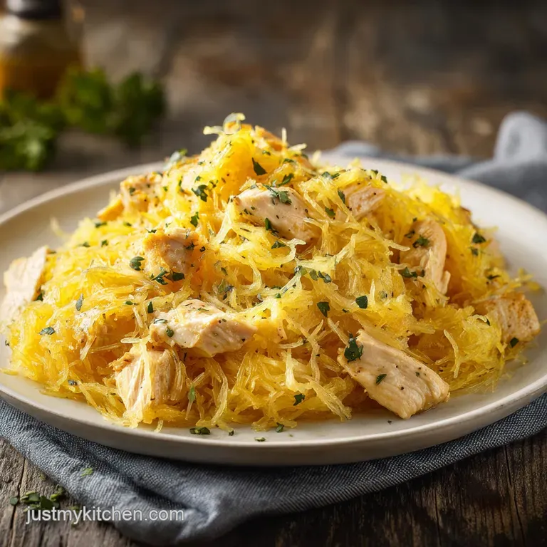 Close-up of a plated portion: glistening spaghetti squash with browned chicken, garlic flecks, fresh herbs, offering a com...