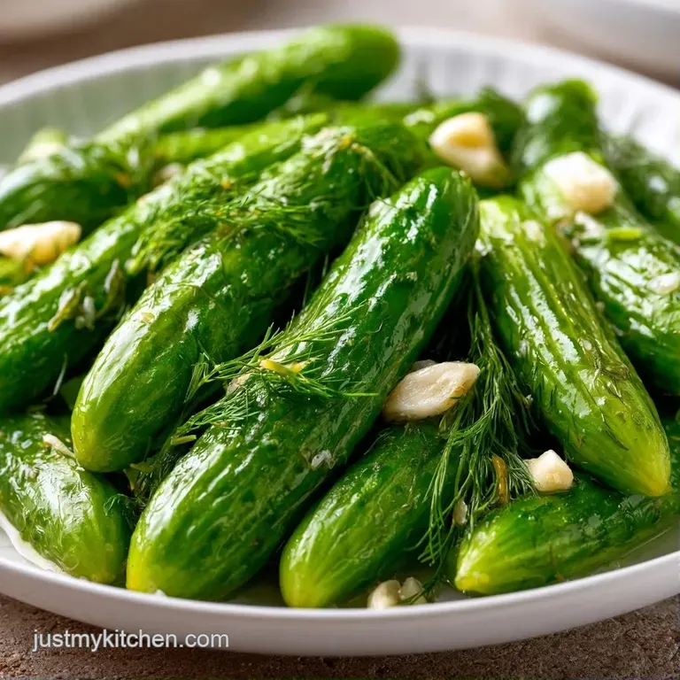 Crisp green cucumber spears arranged on a white ceramic platter with fresh dill sprigs and scattered peppercorns.