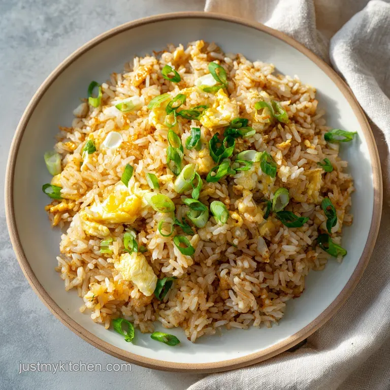 Garlic fried rice piled high on a white plate, with a sprinkle of herbs and a side of dark soy sauce.