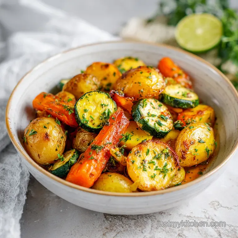 Perfectly arranged roasted potatoes, carrots, and zucchini glistening with olive oil and herbs, creating an inviting veget...