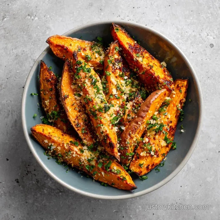 Crisp sweet potato wedges, dusted with parmesan and parsley, artfully stacked on a white plate. Garlic aioli on the side.