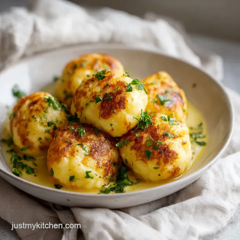 Delicate, soft potato dumplings artfully arranged on a white plate, drizzled with a rich, dark sauce and a sprig of dill.