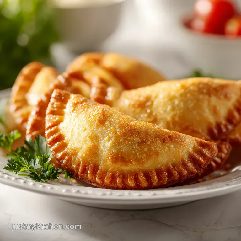 Two crisp golden pastries on a white porcelain plate paired with a vibrant green herb garnish and red dipping sauce.