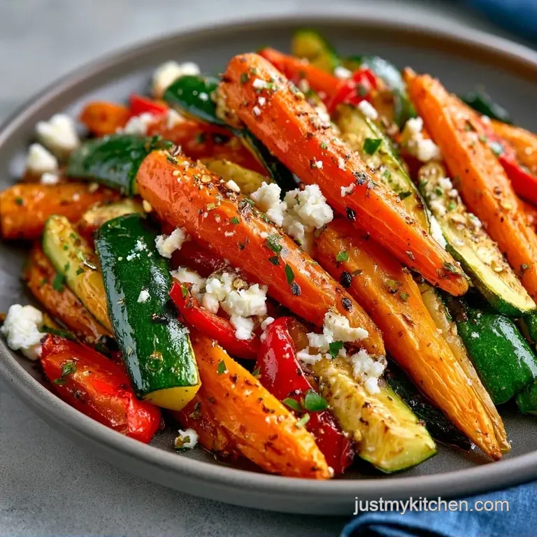 Vibrant roasted roots and greens arranged on a ceramic plate with dollops of soft white cheese and a balsamic glaze.
