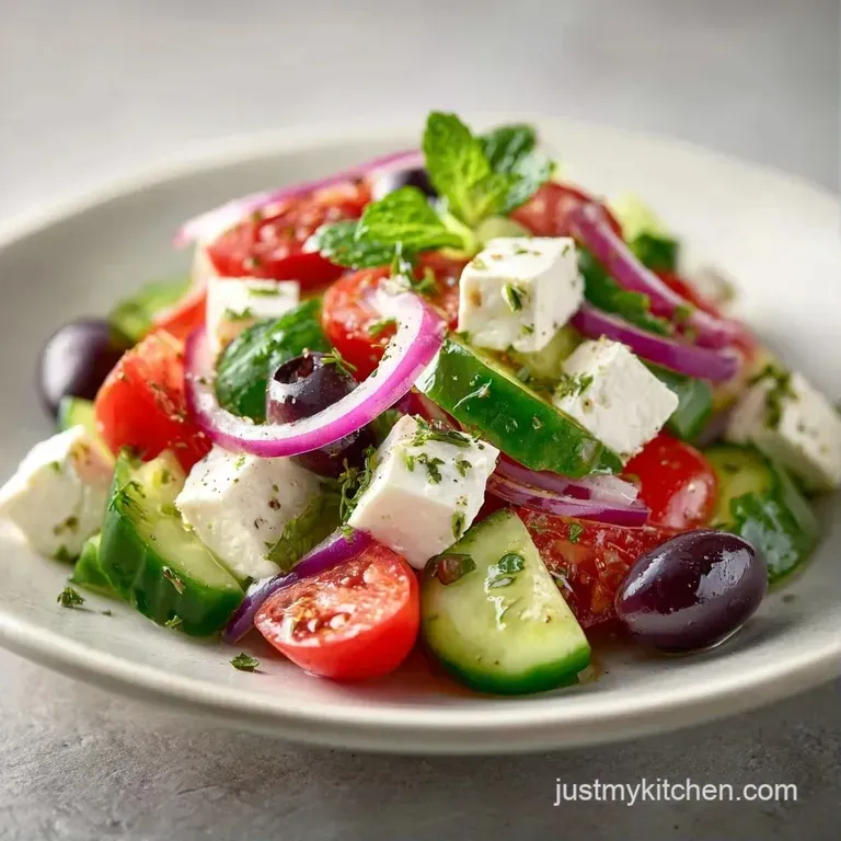 A colorful medley of diced cucumber and red onion topped with block feta and olives on a matte white platter.