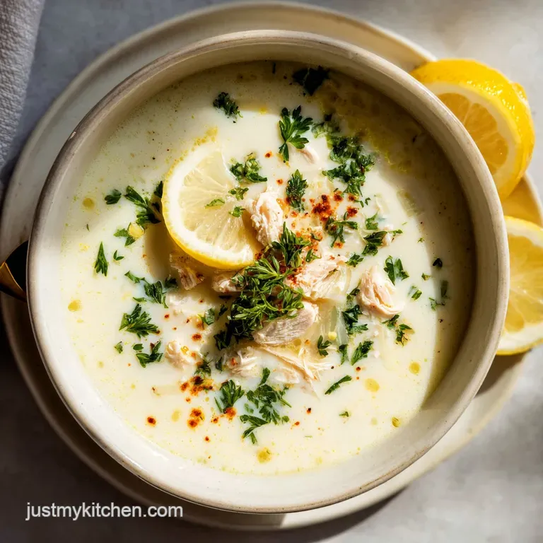 Creamy lemon chicken soup in a white bowl, topped with fresh dill sprigs and a swirl of olive oil, steaming warmly.