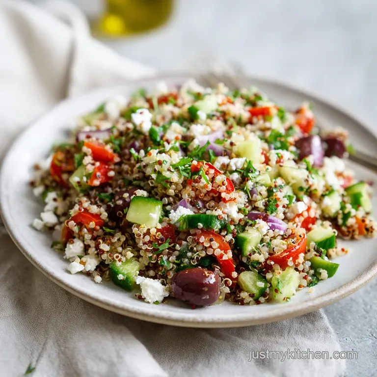 A bright, colorful quinoa salad artfully arranged in a white bowl, showcasing the creamy feta and glistening vegetables.