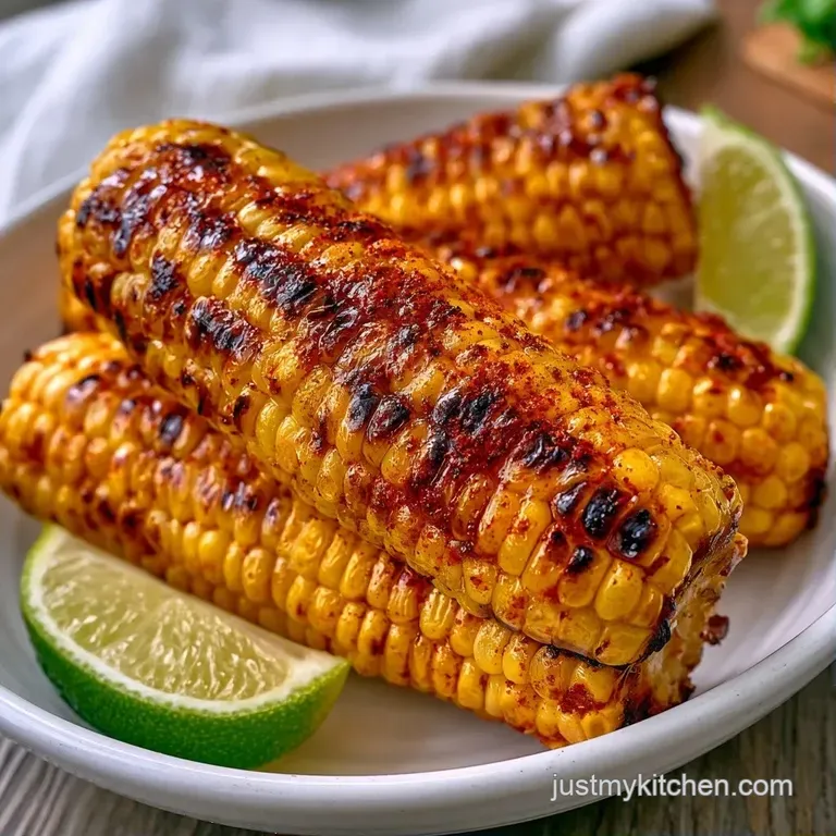 Three golden corn cobs stacked on a dark slate platter, glistening with butter and dusted with coarse sea salt.