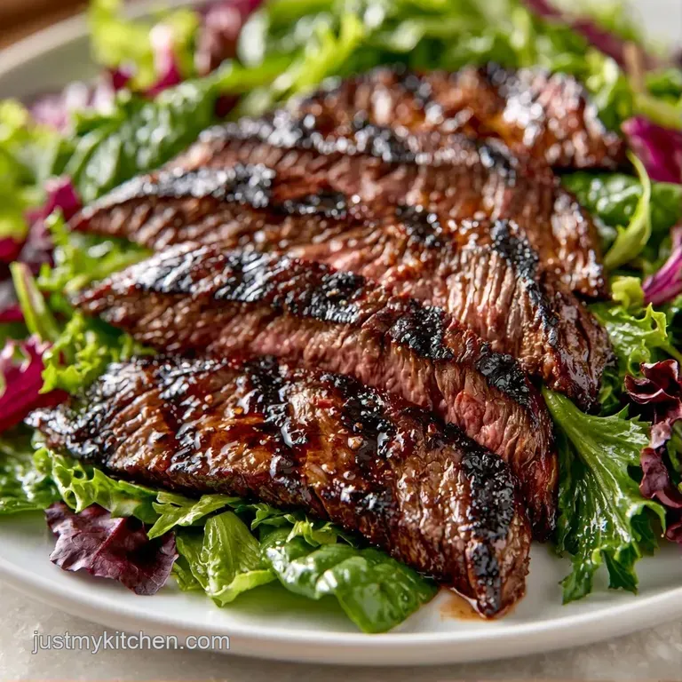 Charred steak strips neatly arranged on crisp garden greens with a glossy dark drizzle and scattered red onion.