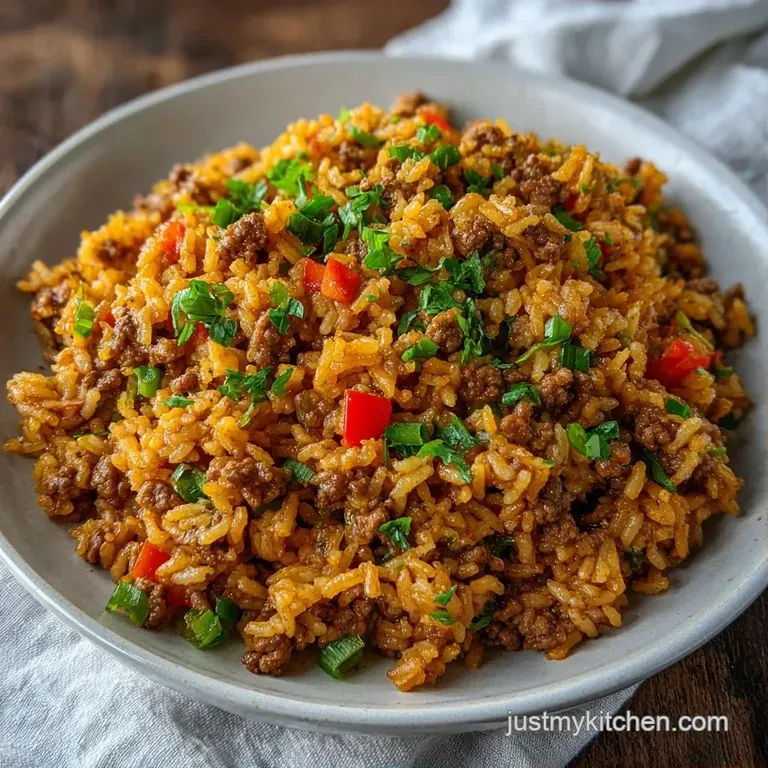 A mound of savory beef and rice topped with fresh parsley on a matte white plate with a side of steamed broccoli.