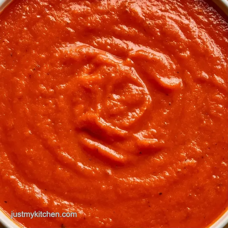 Steaming bowl of vibrant red soup beside a toasted sourdough slice on a rustic wooden table with a linen napkin.